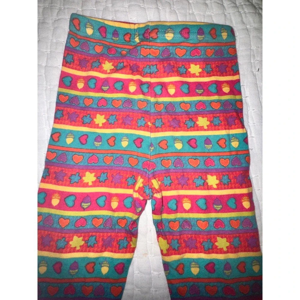 Vintage 90s Gymboree Cotton Leggings Large Hearts Acorns Leaves Colorful Striped